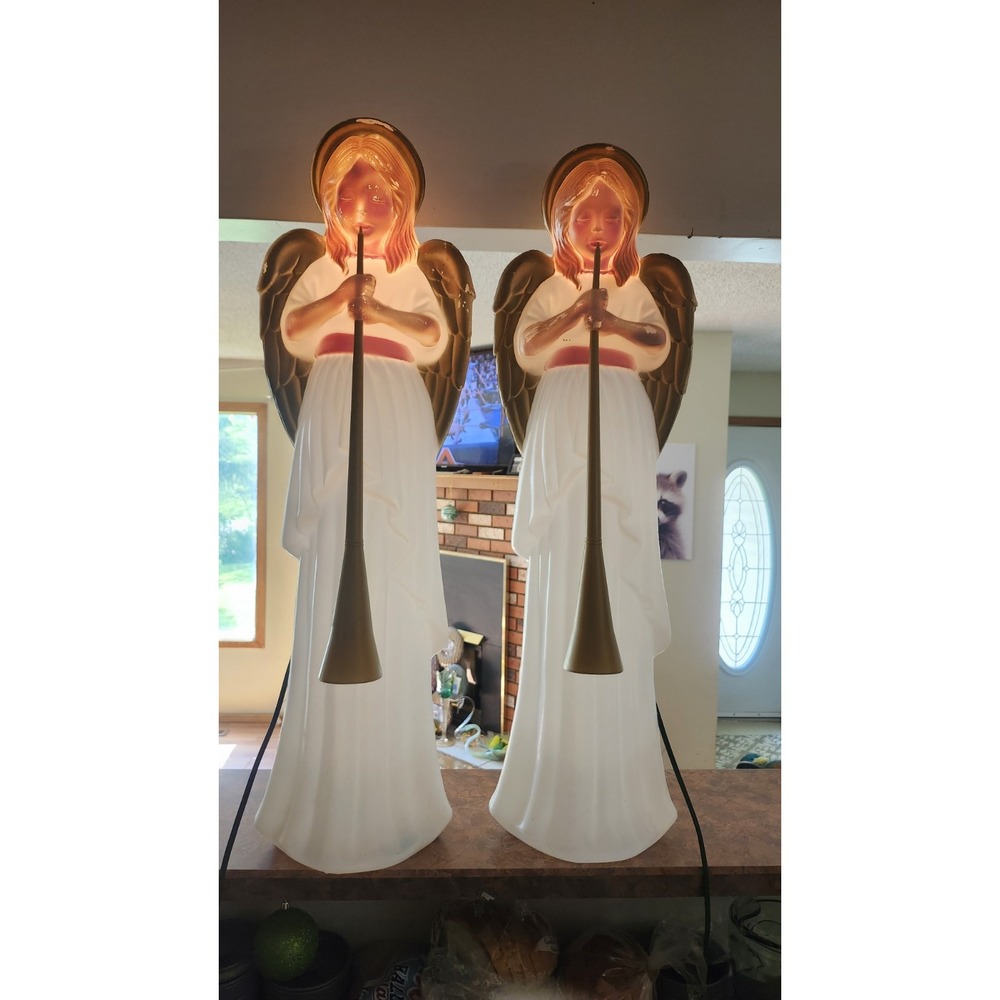Vintage 90s Set Of 2 Angel With Horn Trumpet Blow Mold Christmas Holiday 34"